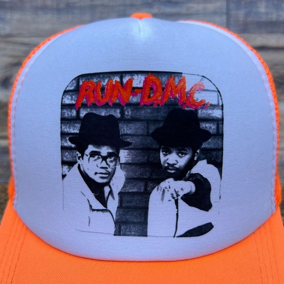 Run DMC Mens Trucker Hat Neon Orange 90s Hip Hop Rap Retro Baseball Cap - Picture 3 of 8